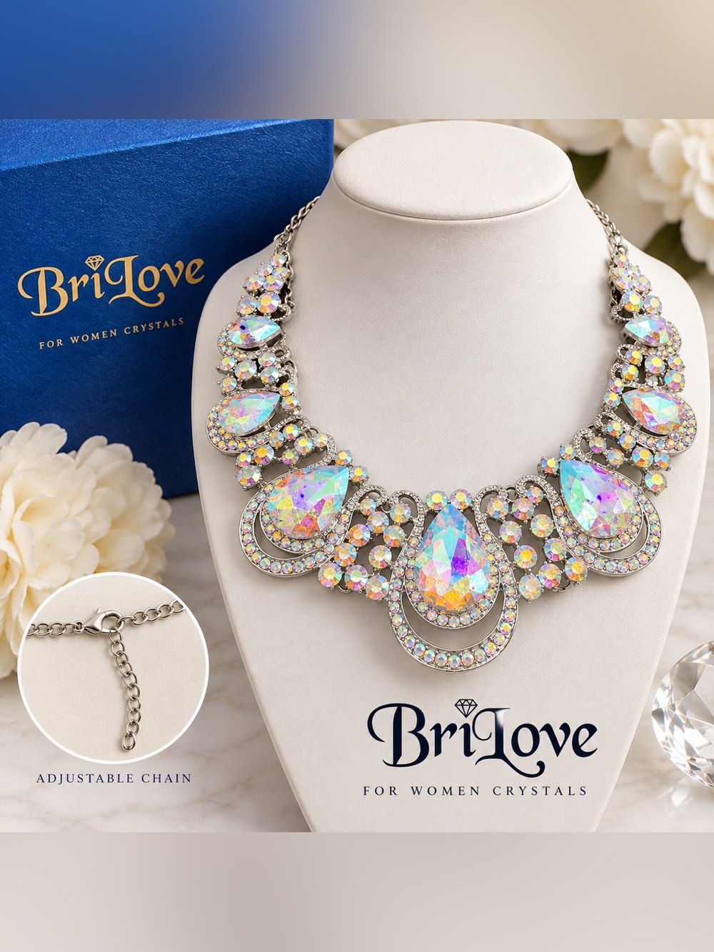 BriLove Crystal Statement Necklace Rainbow Aurora Borealis